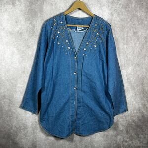 Bingo! Bingo! Shirt‎ Womens Size 16 Blue Denim Rhinestones Studded Long Sleeve